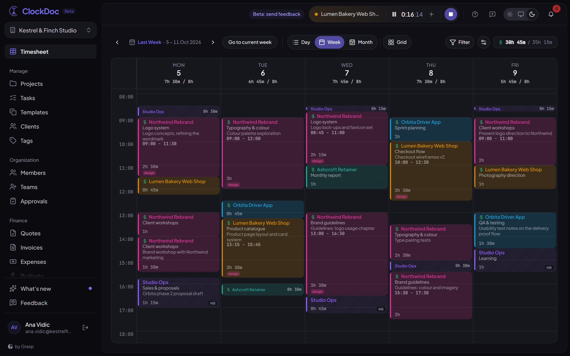 The week view: entries in project colours, with each day's total against its target hours.