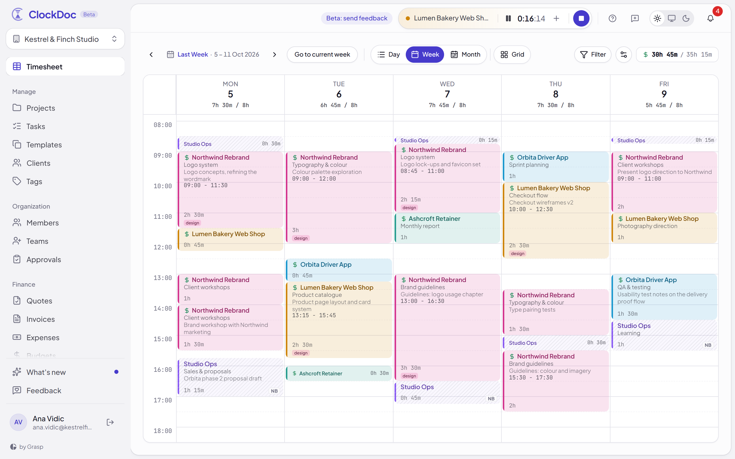 The week view: entries in project colours, with each day's total against its target hours.