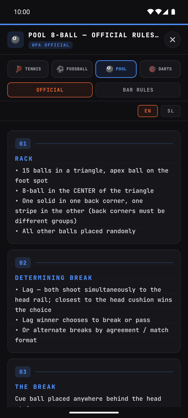 Official rules for pool, in the app.