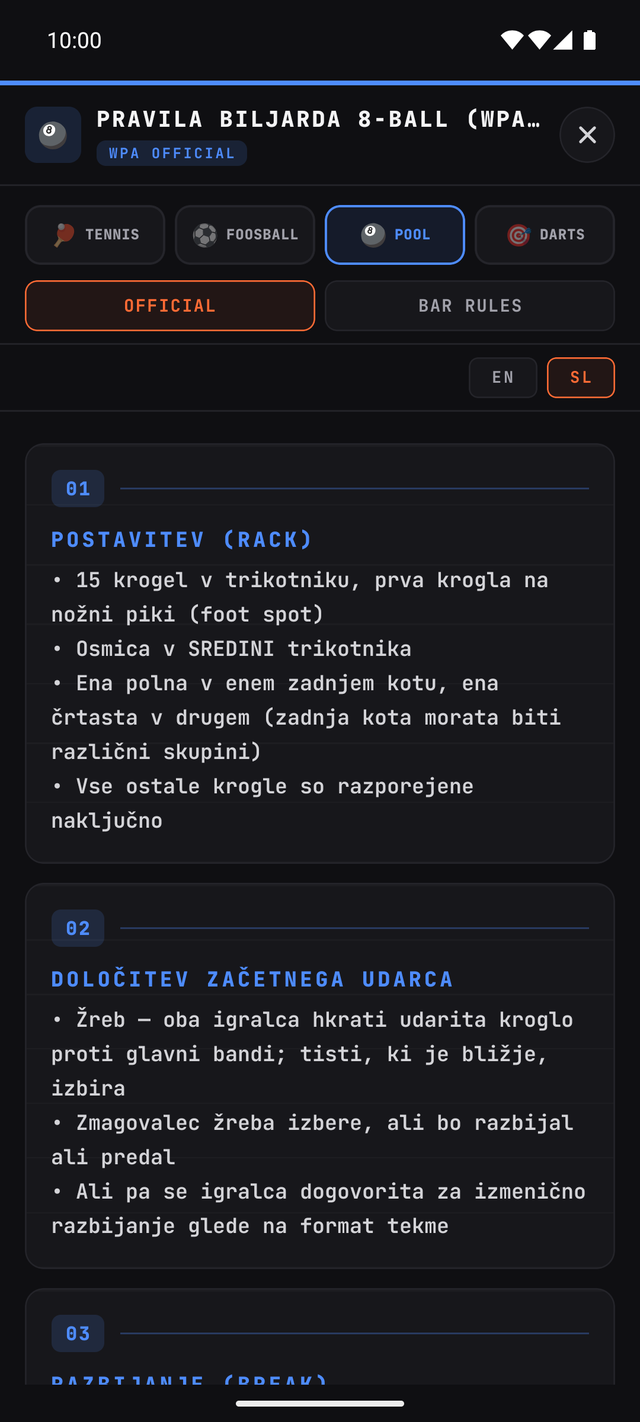 Uradna pravila za biljard v aplikaciji.